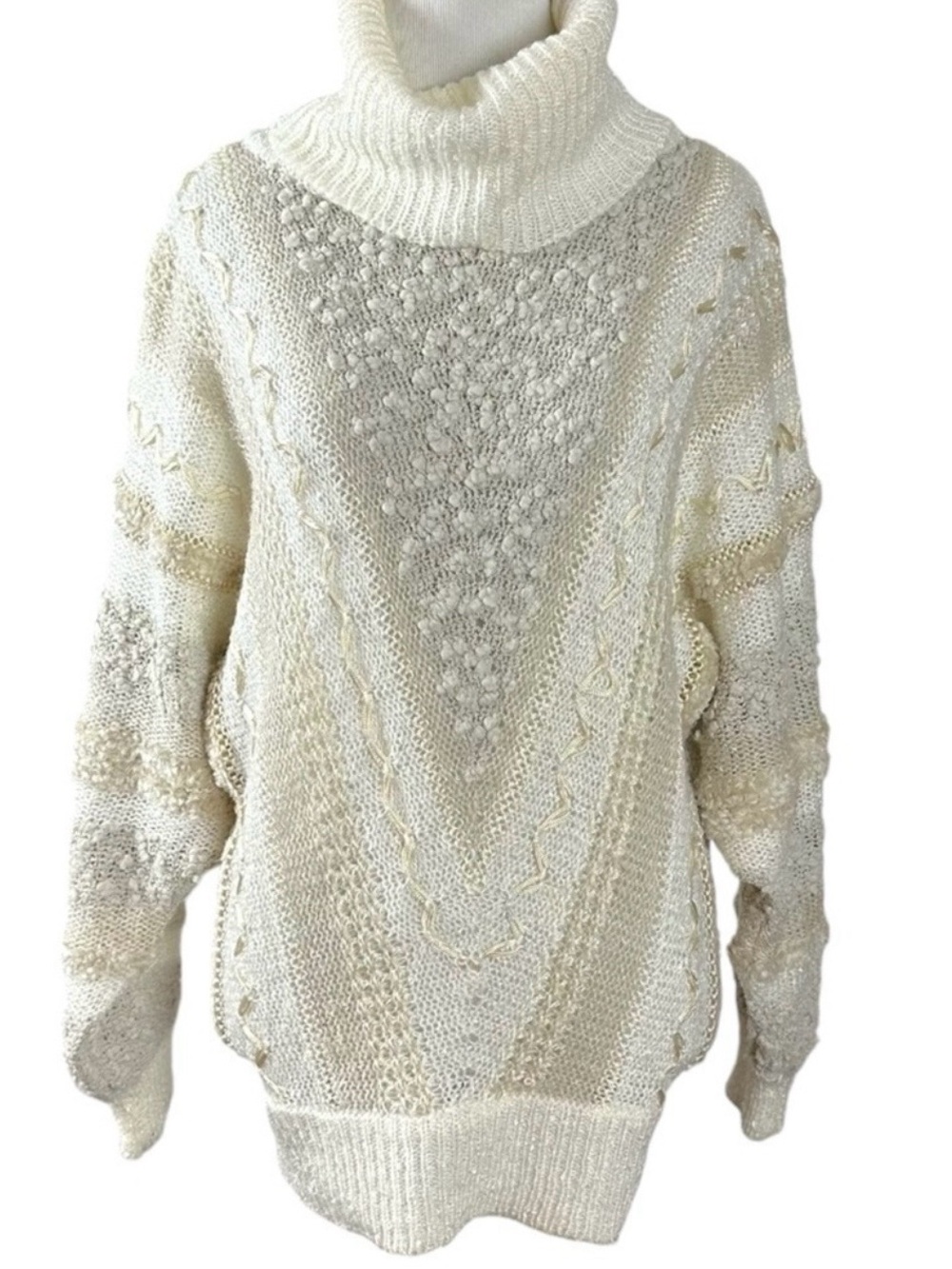 Vintage 90s 3D Bauble Dolman Sleeve Textured Turtleneck Sweater Neutral Large